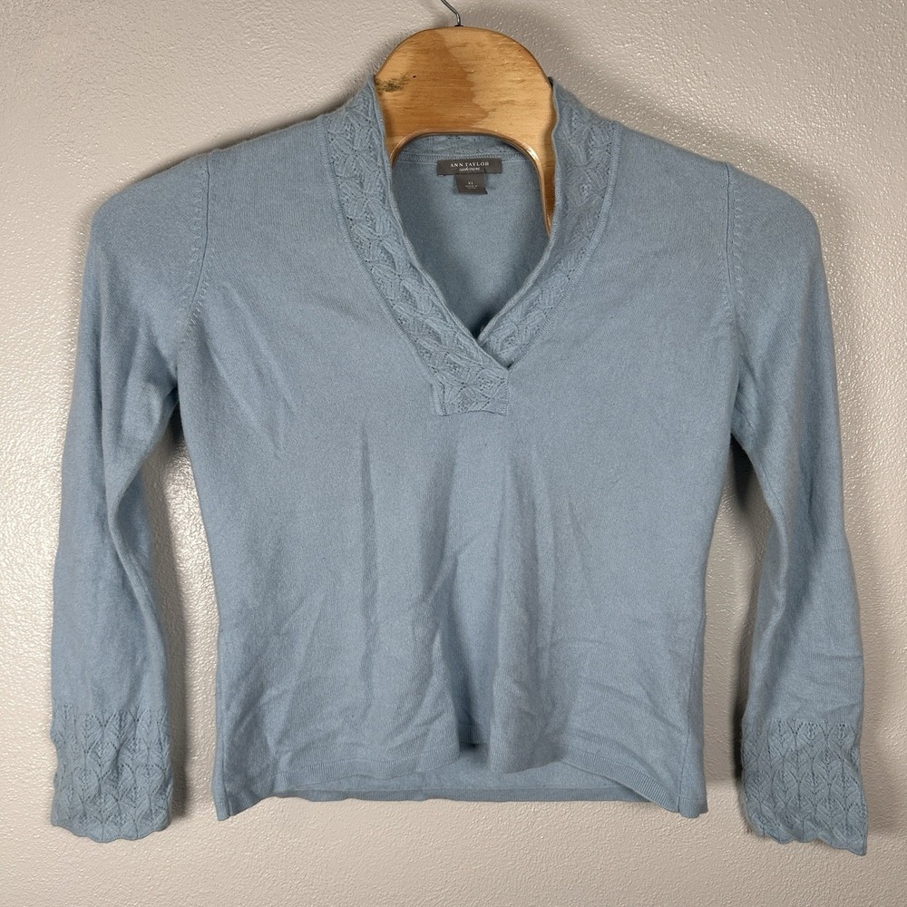 Vintage‎ Ann Taylor Cashmere Sweater Womens XL VNeck Soft Light Blue Pointelle